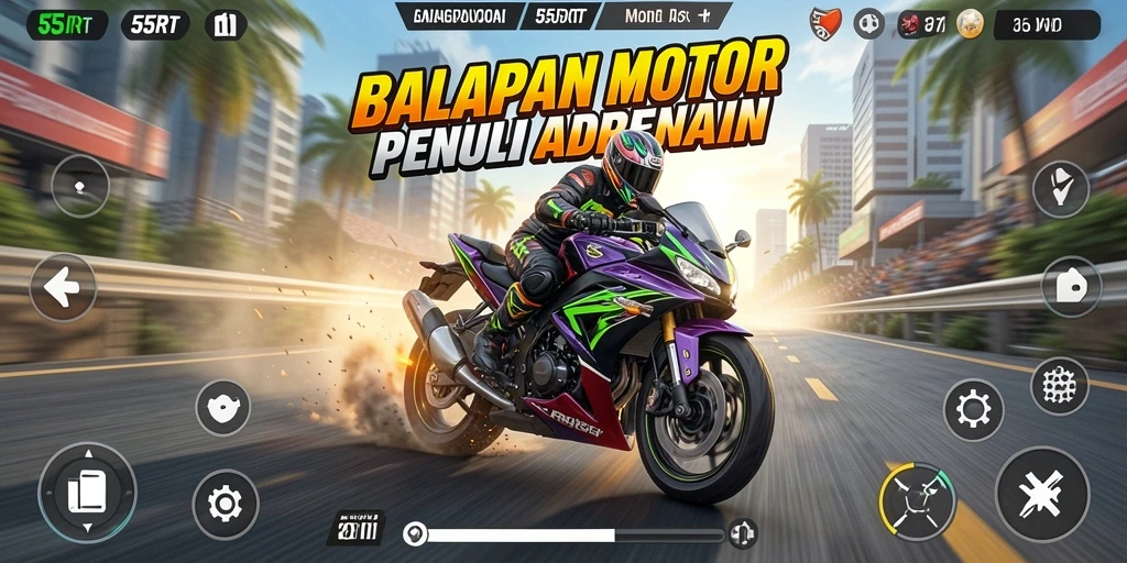 Tampilan gameplay seru di 55RT dengan balapan motor yang mendebarkan.