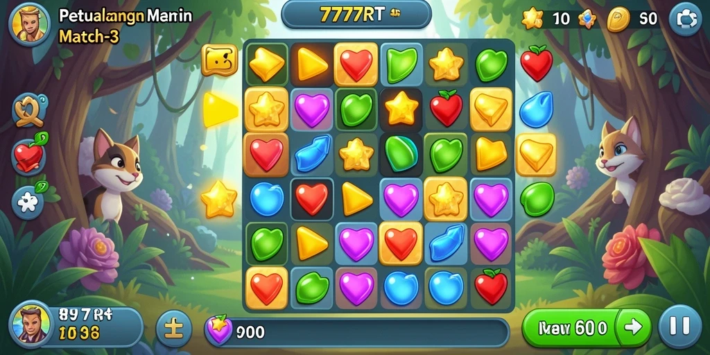 Screenshot gameplay 777RT menampilkan aksi mencocokkan permata warna-warni.