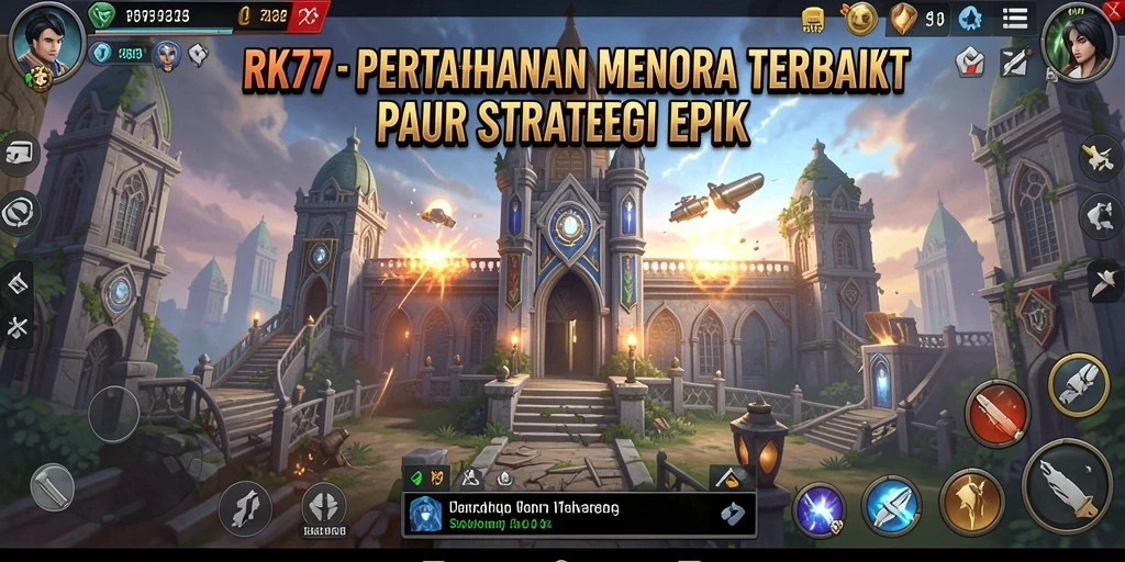 Tangkapan layar menunjukkan aksi menara pertahanan dalam RK77 yang seru dan strategis.